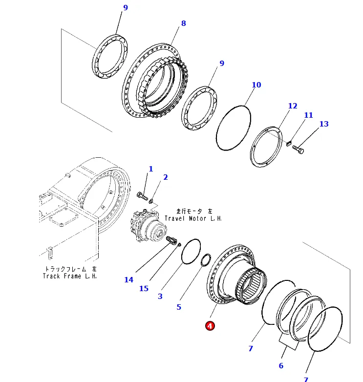 komatsu-part-21N-27-31340 SHAFT PC1250-7 PC1250LC-8 PC1250-8R PC1250-11 	 TRACK FRAME, FINAL DRIVE L.H.  TRACK FRAME, FINAL DRIVE R.H.  	 FINAL DRIVE ASSEMBLY, SHAFT AND HUB, L.H., R.H.